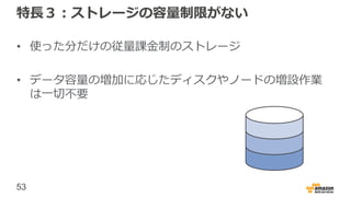 53
特長３：ストレージの容量制限がない
• 使った分だけの従量課金制のストレージ
• データ容量の増加に応じたディスクやノードの増設作業
は一切不要
 