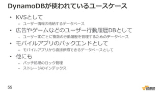 55
DynamoDBが使われているユースケース
• KVSとして
– ユーザー情報の格納するデータベース
• 広告やゲームなどのユーザー行動履歴DBとして
– ユーザーIDごとに複数の行動履歴を管理するためのデータベース
• モバイルアプリのバックエンドとして
– モバイルアプリから直接参照できるデータベースとして
• 他にも
– バッチ処理のロック管理
– ストレージのインデックス
 