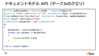 64
ドキュメントモデル API（テーブルのクエリ）
DateTime twoWeeksAgoDate = DateTime.UtcNow - TimeSpan.FromDays(15);
QueryFilter filter = new QueryFilter("Id", QueryOperator.Equal, primaryKeyValue);
filter.AddCondition("ReplyDateTime", QueryOperator.GreaterThan, twoWeeksAgoDate);
Search search = table.Query(filter);
List<Document> documentSet = new List<Document>();
do
{
documentSet = search.GetNextSet();
foreach (var document in documentSet)
{
//documentを利用した処理
}
} while (!search.IsDone);
 