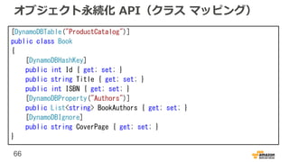 66
オブジェクト永続化 API（クラス マッピング）
[DynamoDBTable("ProductCatalog")]
public class Book
{
[DynamoDBHashKey]
public int Id { get; set; }
public string Title { get; set; }
public int ISBN { get; set; }
[DynamoDBProperty("Authors")]
public List<string> BookAuthors { get; set; }
[DynamoDBIgnore]
public string CoverPage { get; set; }
}
 