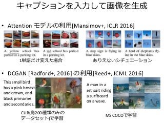キャプションを入力して画像を生成
• Attention モデルの利用[Mansimov+, ICLR 2016]
• DCGAN [Radford+, 2016] の利用[Reed+, ICML 2016]
1単語だけ変えた場合 ありえないシ...