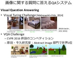 画像に関する質問に答えるQAシステム
Visual Question Answering
• Visual Turing Challenge [MalinowskiL+Fritz, 2014]
• VQA Challenge
– CVPR 20...