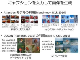 キャプションを入力して画像を生成
• Attention モデルの利用[Mansimov+, ICLR 2016]
• DCGAN [Radford+, 2016] の利用[Reed+, ICML 2016]
1単語だけ変えた場合 ありえないシチュエーション
This small bird
has a pink breast
and crown, and
black primaries
and secondaries.
A man in a
set suit riding
a surfboard
on a wave.
CUB(鳥200種類のみの
データセット)で学習
MS COCOで学習
 