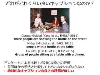 テンプレートを用いたキャプション生成
• Baby Talk [Kulkarni+, CVPR 2011]
• Choosing Linguistics [Gupta+, AAAI 2012][Verma+, CVPR 2013]
– 類似画像の形態素解析済みフレーズを利用
 