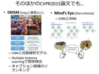 Consensus-based Image Description Evaluation
• METEOR（RecallとPrecision両方を重視[Elliott+Keller,
EMNLP 2013]）を参考にしたもの
• CIDEr：画像キャプション生成の評価用に考案
[Vedantam+, CVPR 2015]
TF-IDF（実はNISTとよく似ている）
n-gramでの
CIDErの累積和
n-gramでの
PrecisionとRecallの
調和平均（F値）
 