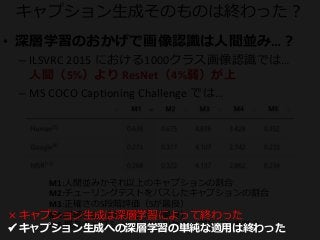 キャプション生成そのものは終わった？
• 深層学習のおかげで画像認識は人間並み…？
– ILSVRC 2015 における1000クラス画像認識では…
人間（5%）より ResNet（4%弱）が上
– MS COCO Captioning Challenge では…
M1:人間並みかそれ以上のキャプションの割合
M2:チューリングテストをパスしたキャプションの割合
M3:正確さの5段階評価（5が最良）
M4:詳細さの5段階評価（5が最良）
M5:既存キャプションによく似たキャプションの割合
× キャプション生成は深層学習によって終わった
 キャプション生成への深層学習の単純な適用は終わった
 