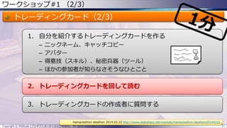 ワークショップ#1 （2/3）
トレーディングカード（2/3）
1. 自分を紹介するトレーディングカードを作る
– ニックネーム、キャッチコピー
– アバター
– 得意技（スキル）、秘密兵器（ツール）
– ほかの参加者が知らなさそうなひとこと
2. トレーディングカードを回して読む
3. トレーディングカードの作成者に質問する
Copyright © POStudy (プロダクトオーナーシップ勉強会). All rights reserved. 31
Hamackathon ideathon 2014.02.22 http://www.slideshare.net/mackato/hamackathon-ideathon20140222
 