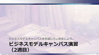 ビジネスモデルキャンバス演習
（2週目）
ビジネスモデルキャンバスを作成していきましょう。
Copyright © @fullvirtue. All rights reserved. 58
 