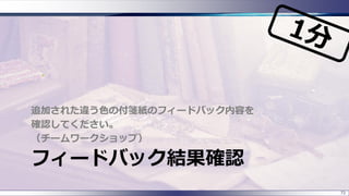 フィードバック結果確認
追加された違う色の付箋紙のフィードバック内容を
確認してください。
（チームワークショップ）
72
 