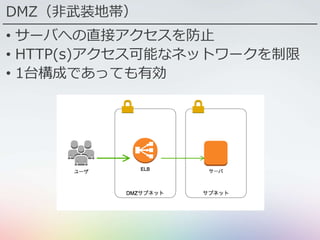 DMZ（非武装地帯）
• サーバへの直接アクセスを防止
• HTTP(s)アクセス可能なネットワークを制限
• 1台構成であっても有効
 