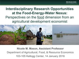 Interdisciplinary Research Opportunities
at the Food-Energy-Water Nexus:
Perspectives on the food dimension from an
agricultural development economist
Nicole M. Mason, Assistant Professor
Department of Agricultural, Food, & Resource Economics
103-105 Kellogg Center, 14 January 2016
 
