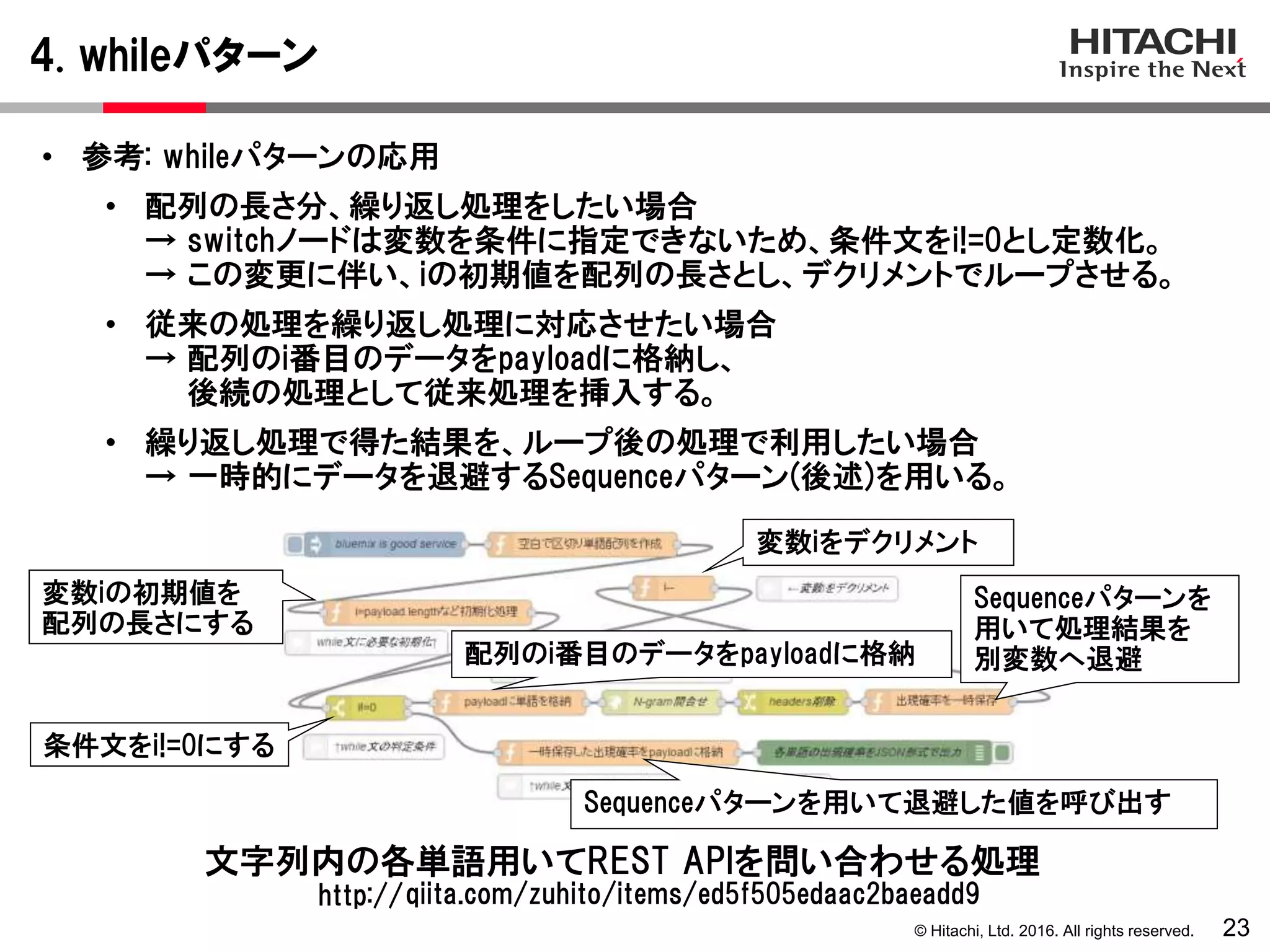 © Hitachi, Ltd. 2016. All rights reserved.
4. whileパターン
23
• 参考: whileパターンの応用
• 配列の長さ分、繰り返し処理をしたい場合
→ switchノードは変数を条件に指定できないため、条件文をi!=0とし定数化。
→ この変更に伴い、iの初期値を配列の長さとし、デクリメントでループさせる。
• 従来の処理を繰り返し処理に対応させたい場合
→ 配列のi番目のデータをpayloadに格納し、
後続の処理として従来処理を挿入する。
• 繰り返し処理で得た結果を、ループ後の処理で利用したい場合
→ 一時的にデータを退避するSequenceパターン(後述)を用いる。
条件文をi!=0にする
Sequenceパターンを
用いて処理結果を
別変数へ退避
Sequenceパターンを用いて退避した値を呼び出す
qiita.com/zuhito/items/ed5f505edaac2baeadd9
文字列内の各単語用いてREST APIを問い合わせる処理
http://
変数iをデクリメント
変数iの初期値を
配列の長さにする
配列のi番目のデータをpayloadに格納
 