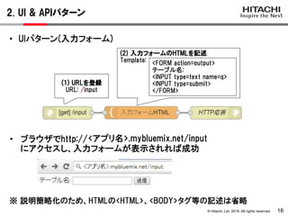 © Hitachi, Ltd. 2016. All rights reserved.
2. UI & APIパターン
16
• ブラウザでhttp://
にアクセスし、入力フォームが表示されれば成功
• UIパターン(入力フォーム)
(1) URLを登録
URL: /input
(2) 入力フォームのHTMLを記述
Template: <FORM action=output>
テーブル名:
<INPUT type=text name=q>
<INPUT type=submit>
</FORM>
<アプリ名>.mybluemix.net/input
※ 説明簡略化のため、HTMLの<HTML>、<BODY>タグ等の記述は省略
 