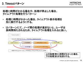 © Hitachi, Ltd. 2016. All rights reserved.
3. Timeoutパターン
18
処理に時間がかかる場合や、処理が停止した場合、
タイムアウト処理を行うパターン
• 処理に時間がかかった場合、タイムアウト表示処理を
先に実行するようにする。
• UIパターンにて、ノード間の処理が進まないと、ユーザは
長時間待たされるため、タイムアウト処理を入れると良い。
上の処理(青)に時間がかかった場合、
下の処理(赤)が先回りする。
 