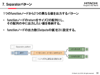 © Hitachi, Ltd. 2016. All rights reserved.
7. Separatorパターン
30
1つのfunctionノードから2つの異なる値を出力するパターン
• functionノードのreturnをサイズ2の配列にし、
その配列の中に出力したい値を格納する。
• functionノードの出力数(Outputsの値)を2に設定する。
 
