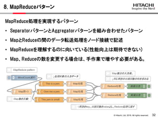 © Hitachi, Ltd. 2016. All rights reserved.
8. MapReduceパターン
32
MapReduce処理を実現するパターン
• SeparatorパターンとAggregatorパターンを組み合わせたパターン
• MapとReduceの間のデータ転送処理をノード接続で記述
• MapReduceを理解するのに向いている(性能向上は期待できない)
• Map、Reduceの数を変更する場合は、手作業で増やす必要がある。
 