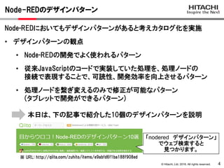 © Hitachi, Ltd. 2016. All rights reserved.
Node-REDのデザインパターン
4
Node-REDにおいてもデザインパターンがあると考えカタログ化を実施
• デザインパターンの観点
• Node-REDの開発でよく使われるパターン
• 従来JavaScriptのコードで実装していた処理を、処理ノードの
接続で表現することで、可読性、開発効率を向上させるパターン
• 処理ノードを繋ぎ変えるのみで修正が可能なパターン
(タブレットで開発ができるパターン)
qiita.com/zuhito/items/e9abfd6f1ba188f908ed※ URL: http://
本日は、下の記事で紹介した10個のデザインパターンを説明
「nodered デザインパターン」
でウェブ検索すると
見つかります。
 
