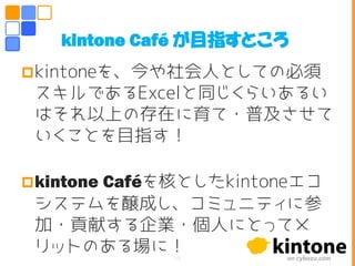 kintoneを、今や社会人としての必須
スキルであるExcelと同じくらいあるい
はそれ以上の存在に育て・普及させて
いくことを目指す！
kintone Caféを核としたkintoneエコ
システムを醸成し、コミュニティに参
加・貢献する企業・個人にとってメ
リットのある場に！
kintone Café が目指すところ
15
 
