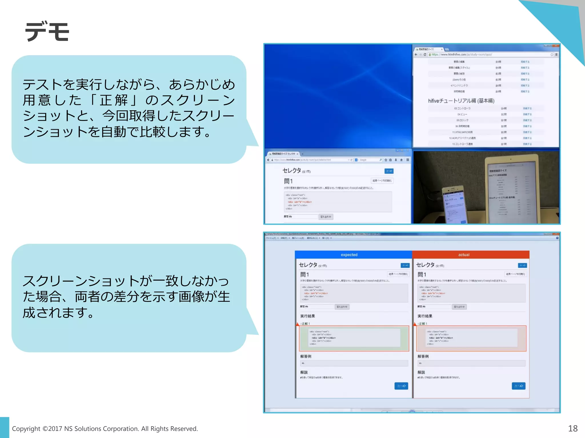 Copyright ©2017 NS Solutions Corporation. All Rights Reserved.
デモ
18
テストを実行しながら、あらかじめ
用 意 し た 「 正 解 」 の ス ク リ ー ン
ショットと、今回取得したスクリー
ンショットを自動で比較します。
スクリーンショットが一致しなかっ
た場合、両者の差分を示す画像が生
成されます。
 