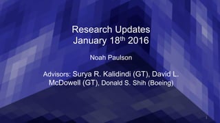 Research Updates
January 18th 2016
Noah Paulson
Advisors: Surya R. Kalidindi (GT), David L.
McDowell (GT), Donald S. Shih (Boeing)
1
 