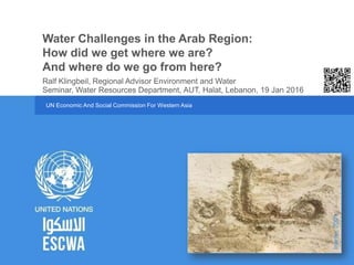 UN Economic And Social Commission For Western Asia
Seminar, Water Resources Department, AUT, Halat, Lebanon, 19 Jan 2016
Water Challenges in the Arab Region:
How did we get where we are?
And where do we go from here?
Ralf Klingbeil, Regional Advisor Environment and Water
Inamo,2001.
 