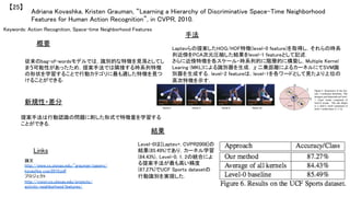 Keywords: Action Recognition, Space-time Neighborhood Features	
新規性・差分	
手法	
結果	
概要	
従来のbag-of-wordsモデルでは，識別的な特徴を見落としてし
まう可能性があったため，提案手法では隣接する時系列特徴
の形状を学習することで行動カテゴリに最も適した特徴を見つ
けることができる．	
提案手法は行動認識の問題に則した形式で特徴量を学習する
ことができる．	
Laptevらの提案したHOG/HOF特徴(level-0 feature)を取得し，それらの時系
列近傍をPCA次元圧縮した結果をlevel-1 featureとして記述．	
さらに近傍特徴を各スケール・時系列的に階層的に構築し，Multiple Kernel
Learing (MKL)による識別器を生成．χ二乗距離によるカーネルにてSVM識
別器を生成する．level-2 featureは，level-1を各ワードとして見たより上位の
高次特徴を示す．	
Level-0は[Laptev+, CVPR2008]の
結果(85.49%)であり，カーネル学習
(84.43%)，Level-0, 1, 2の統合によ
る提案手法が最も高い精度
(87.27%)でUCF Sports datasetの
行動識別を実現した．	
	
Adriana Kovashka, Kristen Grauman, “Learning a Hierarchy of Discriminative Space-Time Neighborhood
Features for Human Action Recognition”, in CVPR, 2010.	
【25】	
Links	
論文
http://www.cs.utexas.edu/~grauman/papers/
kovashka_cvpr2010.pdf	
プロジェクト
http://vision.cs.utexas.edu/projects/
activity_neighborhood_features/	
	
 