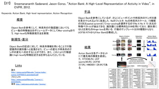 Keywords: Action Bank, High-level representation, Action Recognition	
新規性・差分	
手法	
結果	
概要	
Object Bankを参考にして，時系列の行動認識においても
ビュー毎の特徴抽出をボリュームデータにしてMax-poolingを行
う，High-levelな特徴表現方法を実現．	
Object Bankの記述に対して，時系列情報を用いることで行動
認識用の識別器へと拡張させた．ビューの変化や時系列のテ
ンポの変化へ対応することができた．また，これにより行動認
識にhigh-levelな特徴記述方法を持ち込んだとしている．	
Object Bankを参考にしているが，さらにビューポイントや時系列のテンポの差
を見分けられるように改良した．Naのフィルタ，Nsの時系列スケール，73種類
の3次元spatial pyramidにてmax-poolingを適用するのでNa X Ns X 73 次元の
特徴ベクトルが抽出できる．識別器には標準的なSVMを用いており，損失項に
はL2正則化のHinge-lossを用いる．行動のテンプレートは205種類からなり，
UCF50/KTHからFilter Bankを構成した．	
Action Bankは各データセット
にて最先端の精度を達成し
た．KTH(98.2%), UCF
sports(95.0%), UCF50
(57.9%), HMDB51 (26.9%)であ
る．	
Sreemanananth Sadanand, Jason Corso, “Action Bank: A High-Level Representation of Activity in Video”, in
CVPR, 2012.	
【27】	
Links	
論文
http://www.cse.buffalo.edu/~jcorso/pubs/
jcorso_CVPR2012_actionbank.pdf	
プロジェクト
http://www.cse.buffalo.edu/~jcorso/r/
actionbank/	
著者 http://web.eecs.umich.edu/~jjcorso/	
	
 