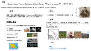 Keywords:Saliency, object detection, objectness, PASCAL VOC 07 dataset Baysian framework	
新規性・差分	
手法	
結果	
概要	
画像中の注目度領域の検出として，objectnessを提案している．
4つの指標を用い，ベイズの枠組みでobjectnessを実現してい
る．	
objectonessの4つの指標を組み合わせて使用した	
	
4つの指標	
・multi-scale saliency(MS)	
	
・color contrast(CC)	
	
・edge density(ED)	
	
・syperpixels straddling(SS)	
4つの指標を，ベイズの枠組みで統合している．	
Bogdan Alexe, Thomas Deselaers, Vittorio Ferrari, “What is an object ?”, in CVPR, 2010.	
【2】	
Links	
・論文	
・プロジェクトページ(コードあり)	
PASCAL VOC 07datasetで実験した．実験結果はDR-STN curvesで評価
している．	
DR：detection rate	
STN：signal to noise	
 
