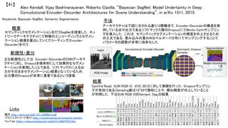 Alex Kendall, Vijay Badrinarayanan, Roberto Cipolla, “Bayesian SegNet: Model Undertainty in Deep
Convolutional Encoder-Decorder Architectures for Scene Understanding”, in arXiv 1511, 2015.	
【41】	
Keywords: Bayesian SegNet, Semantic Segmentation	
新規性・差分	
手法	
結果	
概要	
セマンティックセグメンテーションを行うSegNetを提案した．ネッ
トワークアーキテクチャにて特徴のエンコーディングとセグメン
テーション画像を復元していくでコーディング(Encoder-
Decorder)を行う．	
主な新規性としては，Encoder-DecorderのCNNアーキテ
クチャに対し，Dropoutを確率的にして効果的なセグメン
テーションを実現したことである．ソフトマックスによる出
力がそのままセグメンテーション結果となっているため，
出力層のDropoutが非常に重要であるという提案．	
アーキテクチャは下図に示される通り13層構成で，Encoder-Decorderの構造を保
持している点や出力であるソフトマックス層のDropoutにてMonte Carloサンプリン
グを導入した．これは，セマンティックセグメンテーションの精度を向上させるため
の工夫である．畳み込みの重みWはベルヌーイ分布にてサンプリングすることで，
パラメータの調整が非常に効率化した．	
CamVid Road，SUN RGB-D，VOC 2012に対して実験を行った．Dropoutサンプリン
グが有効である(Sampling数は10~20で飽和)ことや，概ね精度が向上していること
が判明した．下はSUN RGB-DのSemant. Seg.の結果．	
Links	
論文 http://arxiv.org/pdf/1511.02680v1.pdf	
プロジェクト(コードあり) http://mi.eng.cam.ac.uk/projects/segnet/	
YouTube https://www.youtube.com/watch?v=e9bHTlYFwhg	
 
