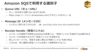 Amazon SQSで利用する識別子
• Queue URL（キューURL）
– キューを作成する際に払い出されるURL
– https://sqs.リージョン.amazonaws.com/アカウントID/キュー名
• Message ID（メッセージID）
– システムで割り当てられたID （例：0a41026d-283b-4e5c-9b3f-debffb709ef4）
• Receipt Handle（受信ハンドル）
– メッセージの削除や可視性(Visibility)の変更には、”受信ハンドル”を指定する必要がある
– メッセージを受信するたびに”受信ハンドル”も受信する
– 同じメッセージでも、受信する度に異なる”受信ハンドル”を受け取る
– このため、常に最新の受信ハンドルを使って削除等をすること
参考URL： http://docs.aws.amazon.com/ja_jp/AWSSimpleQueueService/latest/SQSDeveloperGuide/ImportantIdentifiers.html
 
