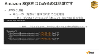 Amazon SQSをはじめるのは簡単です
• AWS CLI編
– キューの一覧表示: 作成されたことを確認
• 例： デフォルトリージョンが「オレゴン」（us-west-2）の場合
– 結果： 存在するキューの、リージョン名付のキューURLが返却されている
C:￥> aws sqs list-queues
{
"QueueUrls": [
“https://us-west-2.queue.amazonaws.com/ ＜アカウントID＞ /que011",
“https://us-west-2.queue.amazonaws.com/ ＜アカウントID＞ /que012",
～ （中略） ～
“https://us-west-2.queue.amazonaws.com/ ＜アカウントID＞ /que019"
]
}
 