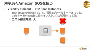 効率良くAmazon SQSを使う
• Visibility Timeout + EC2 Spot Instances
– Spot Instanceを使っていて、受信1がターミネートされても、
Visibility Timeout後に他のインスタンスが処理すれば良い
– コスト削減効果: 大
Amazon SQS
送信
受信1
受信2
受信3
 