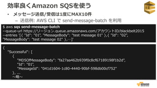 効率良くAmazon SQSを使う
• メッセージ送信/受信は1度にMAX10件
– 送信例: AWS CLI で send-message-batch を利用
$ aws sqs send-message-batch
--queue-url https://リージョン.queue.amazonaws.com/アカウントID/blackbelt2015
--entries '[{ "Id": "01", "MessageBody": "test message 01" },{ "Id": "02",
"MessageBody": "test message 02" },…]’
{
"Successful": [
{
"MD5OfMessageBody": "fa27aa462b939f0c8cf67189198f1b2d",
"Id": "01",
"MessageId": "041d1604-1c80-4440-90bf-598db00cf752"
}, ...
〜略〜
 