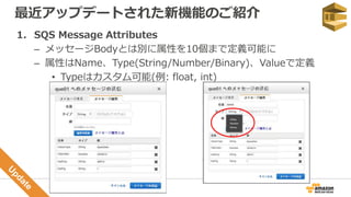 最近アップデートされた新機能のご紹介
1. SQS Message Attributes
– メッセージBodyとは別に属性を10個まで定義可能に
– 属性はName、Type(String/Number/Binary)、Valueで定義
• Typeはカスタム可能(例: float, int)
 