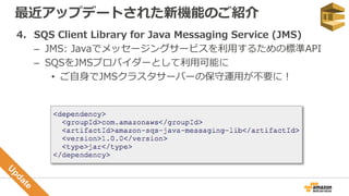 最近アップデートされた新機能のご紹介
4. SQS Client Library for Java Messaging Service (JMS)
– JMS: Javaでメッセージングサービスを利用するための標準API
– SQSをJMSプロバイダーとして利用可能に
• ご自身でJMSクラスタサーバーの保守運用が不要に！
 