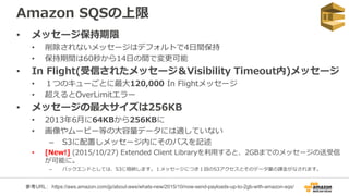 Amazon SQSの上限
• メッセージ保持期限
• 削除されないメッセージはデフォルトで4日間保持
• 保持期間は60秒から14日の間で変更可能
• In Flight(受信されたメッセージ＆Visibility Timeout内)メッセージ
• １つのキューごとに最大120,000 In Flightメッセージ
• 超えるとOverLimitエラー
• メッセージの最大サイズは256KB
• 2013年6月に64KBから256KBに
• 画像やムービー等の大容量データには適していない
– S3に配置しメッセージ内にそのパスを記述
• [New!] (2015/10/27) Extended Client Libraryを利用すると、2GBまでのメッセージの送受信
が可能に。
– バックエンドとしては、S3に格納します。１メッセージにつき１回のS3アクセスとそのデータ量の課金がなされます。
参考URL： https://aws.amazon.com/jp/about-aws/whats-new/2015/10/now-send-payloads-up-to-2gb-with-amazon-sqs/
 