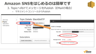 Amazon SNSをはじめるのは簡単です
3. Topicへ向けてメッセージをPublish（EMailの場合）
– マネジメントコンソールからPublish
 