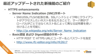 • HTTPS enhancements
– Server Name Indication (SNI)サポート
• SNIはSSL/TLSの拡張仕様。SSLハンドシェイク時にクライアン
トがアクセスしたいホスト名を伝えることで、サーバ側がグ
ローバルIPごとではなくホスト名によって異なる証明書を使い
分けることを可能に
• http://ja.wikipedia.org/wiki/Server_Name_Indication
– Basic認証 および Digest認証のサポート
• HTTP POST で HTTPS URLにユーザー名とパスワードを指定
• http://www.rfc-editor.org/info/rfc2617
最近アップデートされた新機能のご紹介
参考URL： AWS Documentation » Amazon SNS » Developer Guide » HTTP/HTTPS エンドポイントへの Amazon SNS メッセージの送信
http://docs.aws.amazon.com/ja_jp/sns/latest/dg/SendMessageToHttp.html
 
