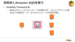 Amazon SQS
効率良くAmazon SQSを使う
• Visibility Timeoutとは
– 受信1がキューからメッセージを削除せず、タイムアウトした場
合はどの受信サーバーからもメッセージが受信可能に
送信
受信1
受信2
受信3
 