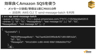 効率良くAmazon SQSを使う
• メッセージ送信/受信は1度にMAX10件
– 送信例: AWS CLI で send-message-batch を利用
$ aws sqs send-message-batch
--queue-url ...