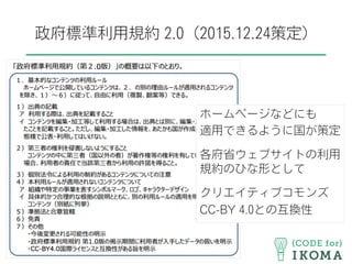 政府標準利用規約 2.0（2015.12.24策定）
ホームページなどにも
適用できるように国が策定
各府省ウェブサイトの利用
規約のひな形として
クリエイティブコモンズ
CC-BY 4.0との互換性
 