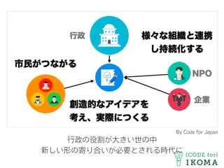 行政の役割が大きい世の中
新しい形の寄り合いが必要とされる時代に
By Code for Japan
 