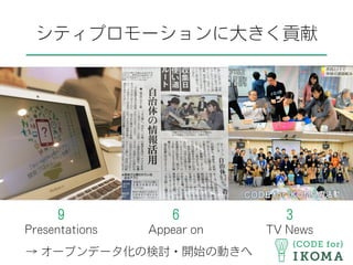 シティプロモーションに大きく貢献
9
Presentations
3
TV News
6
Appear on
→ オープンデータ化の検討・開始の動きへ
 