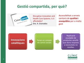 Gestió compartida, per què?
2
Disruptive innovation and
Health Care Systems. Is it
affordable?
Dra. A. Granados
Innovacion...
