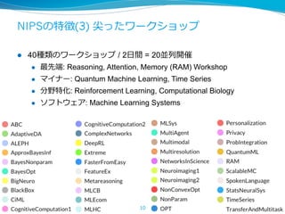 NIPSの特徴(3) 尖ったワークショップ
l  40種類のワークショップ / 2⽇間 = 20並列開催
l  最先端: Reasoning, Attention, Memory (RAM) Workshop
l  マイナー: Quantum Machine Learning, Time Series
l  分野特化: Reinforcement Learning, Computational Biology
l  ソフトウェア: Machine Learning Systems
10
 