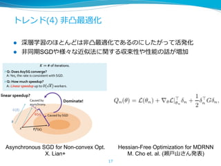 トレンド(4) ⾮凸最適化
l  深層学習のほとんどは⾮凸最適化であるのにしたがって活発化
l  ⾮同期SGDや様々な近似法に関する収束性や性能の話が増加
17
Hessian-Free Optimization for MDRNN
M. Cho et. al. (瀬⼾⼭さん発表)
Asynchronous SGD for Non-convex Opt.
X. Lian+
 