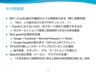 その他雑感
l  流⾏ったarXiv論⽂の確認のような雰囲気もある（特に深層学習）
l  「あれ、この論⽂出たのまだ今年だったっけ…？」
l  ⼀⽅arXivに出てないもの、ポスターで初めて認識できるもの
l  ポスターセッションで著者に直接質問できるのも参加価値
l  Tech giantの圧倒的存在感
l  Google > Facebook = Microsoft Research >> Others
l  Google DeepMind勢の多さ（100⼈以上来てたらしい）
l  それ以外の新しいスタートアップのプレゼンスも増加
l  論⽂発表、スポンサー、デモ、ワークショップ主催など
l  OpenAIの設⽴発表（イーロン・マスクらが主導）
l  「⼤学を辞めて⺠間研究所に移ると給料も研究時間も増える」⽪⾁
19
 
