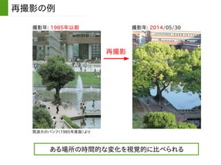 再撮影の例
撮影年: 1985年以前 撮影年: 2014/05/30
筑波大のパンフ（1985年度版）より
再撮影
ある場所の時間的な変化を視覚的に比べられる
 