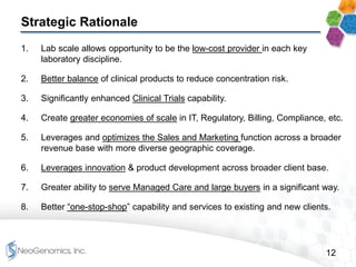 12
Strategic Rationale
1. Lab scale allows opportunity to be the low-cost provider in each key
laboratory discipline.
2. Better balance of clinical products to reduce concentration risk.
3. Significantly enhanced Clinical Trials capability.
4. Create greater economies of scale in IT, Regulatory, Billing, Compliance, etc.
5. Leverages and optimizes the Sales and Marketing function across a broader
revenue base with more diverse geographic coverage.
6. Leverages innovation & product development across broader client base.
7. Greater ability to serve Managed Care and large buyers in a significant way.
8. Better “one-stop-shop” capability and services to existing and new clients.
 