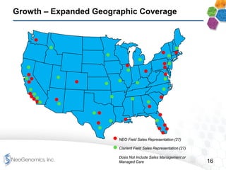 16
Growth – Expanded Geographic Coverage
NEO Field Sales Representation (27)
Clarient Field Sales Representation (27)
Does Not Include Sales Management or
Managed Care
 